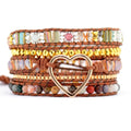 Luxury Boho Stainless Steel Gold Heart Women's Wrap Bracelets Onyx Crystal and Leather Cord Bohemian Jewelry