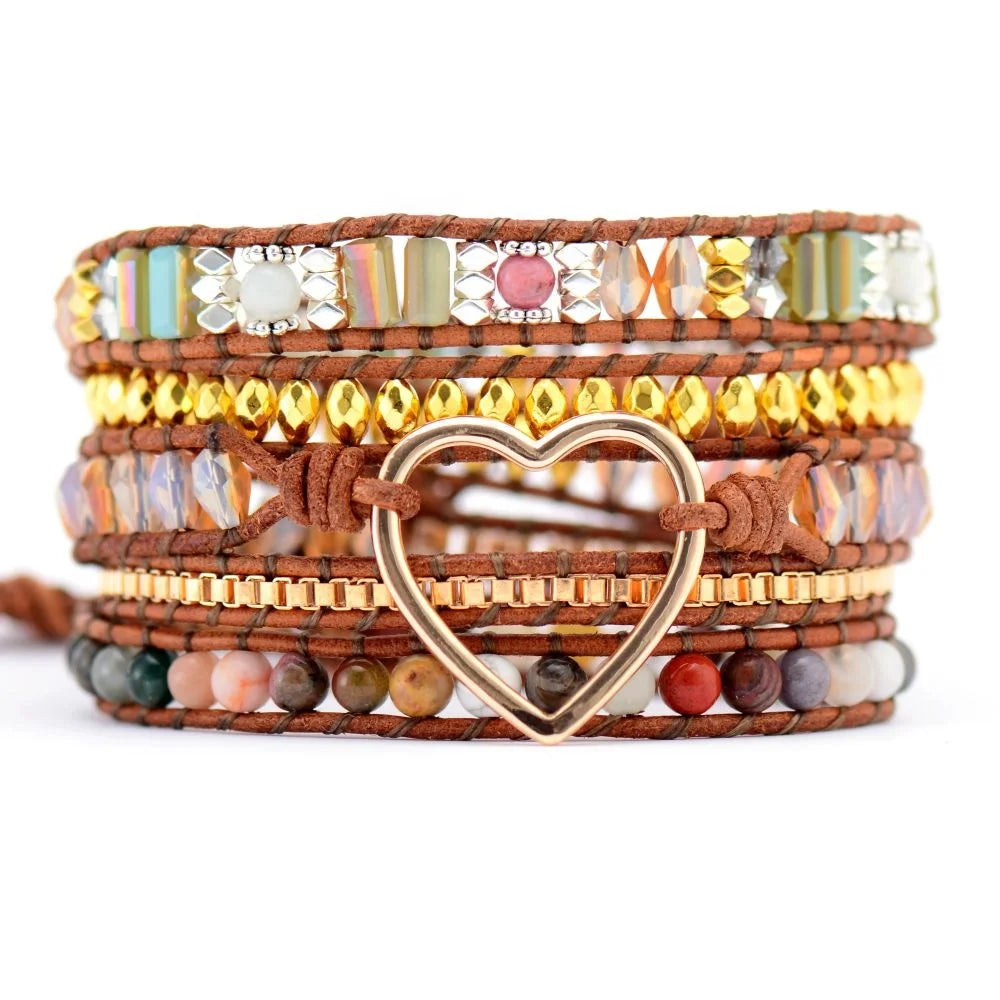 Luxury Boho Stainless Steel Gold Heart Women's Wrap Bracelets Onyx Crystal and Leather Cord Bohemian Jewelry