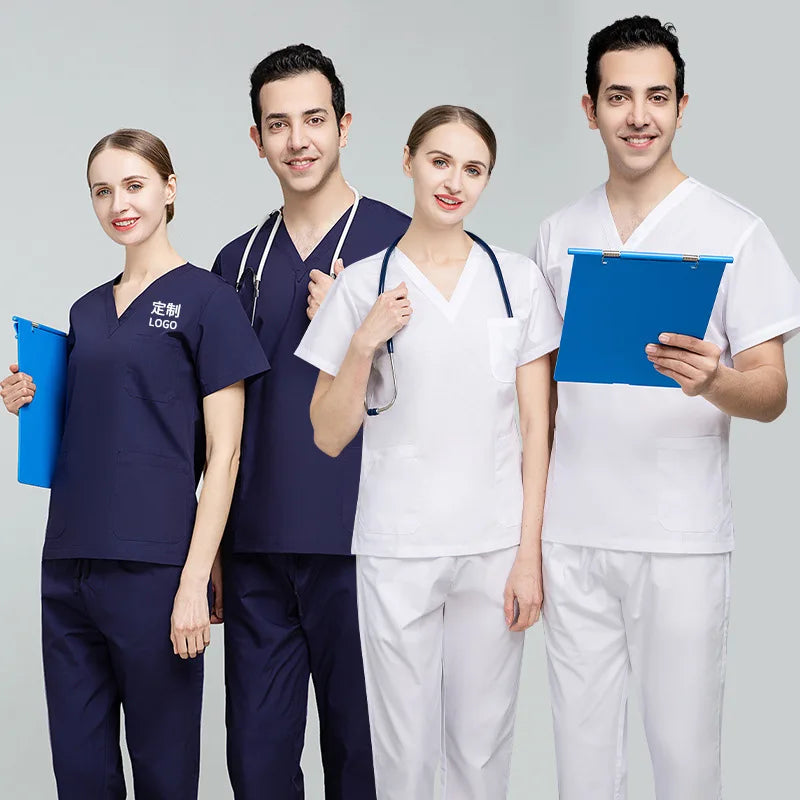 Hot Sale Fast Dry Polyester Cotton Nurse Uniform Hospital Clinic Working Wear Male Female V-neck Top and Cargo Pant Scrub Set
