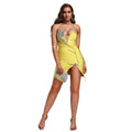 2025 New Women's Yellow Strapless Dress Rhinestone Flower Applique Slit Detail Bodycon Mini Dress Casual Party Night Club Dress