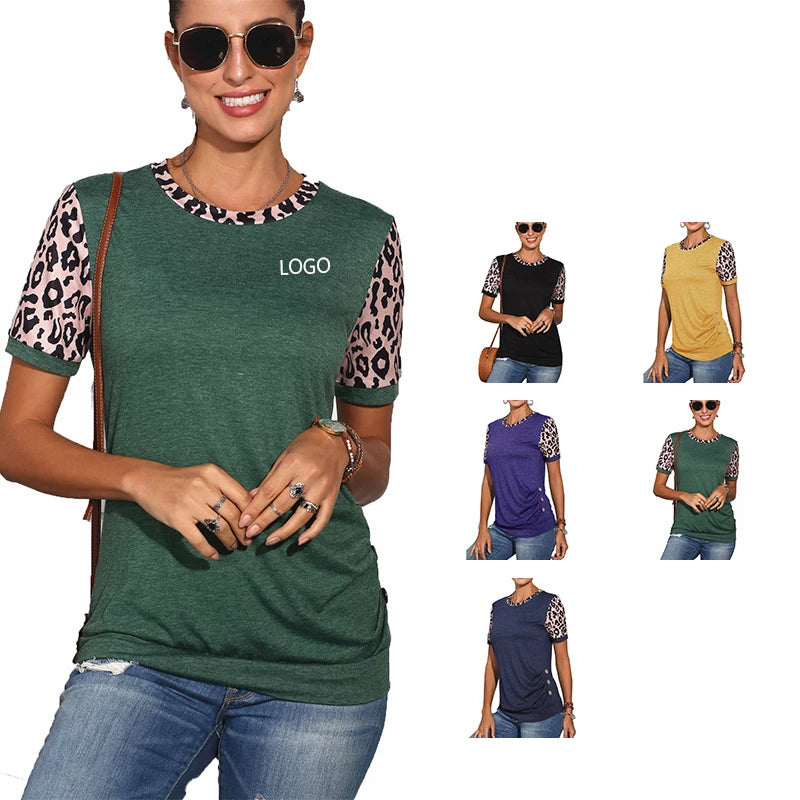 Women's Solid White Cotton Top Custom Leopard Print Graphic XL Size Casual Knitted Button T-Shirt Breathable Summer Fashion Hot