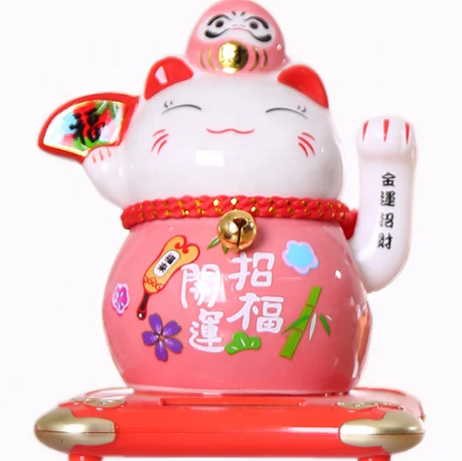 Ceramic Waving Hand Arm Fortune Lucky Cat Solar for Car Decoration  4.5 Inches Ornaments