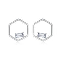 Fashion 925 Sterling Silver Geometric Hexagon Hollow Women Simple Square Shaped CZ Diamond Stud Earrings