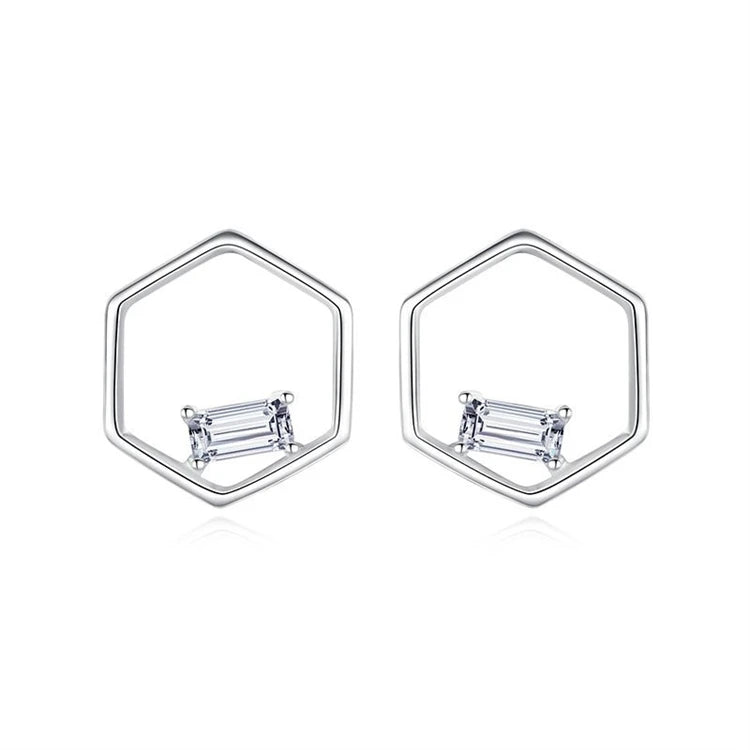 Fashion 925 Sterling Silver Geometric Hexagon Hollow Women Simple Square Shaped CZ Diamond Stud Earrings