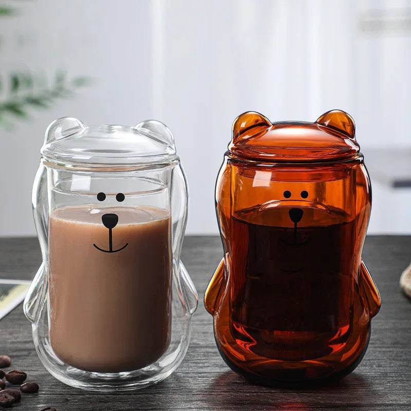 Cartoon Cute Bear Double Glass Insulated Mug Creative Breakfast Milk Water Coffee Cup for Valentines Day Birthday Gift Friend MegaBDM