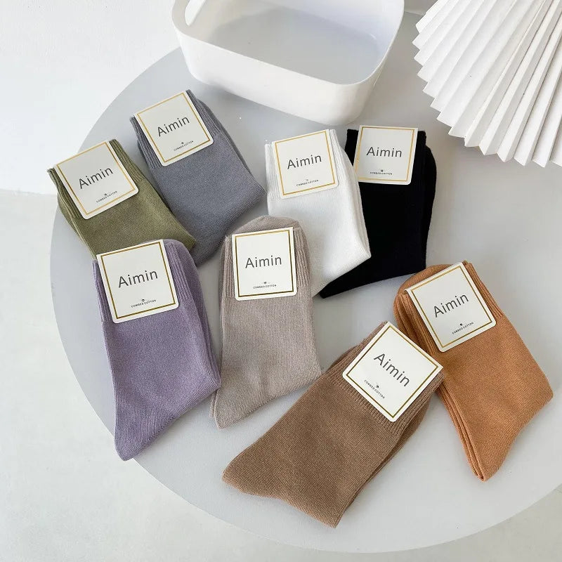 Autumn Ins Basic Solid Color Women Breathable Cotton Crew Socks