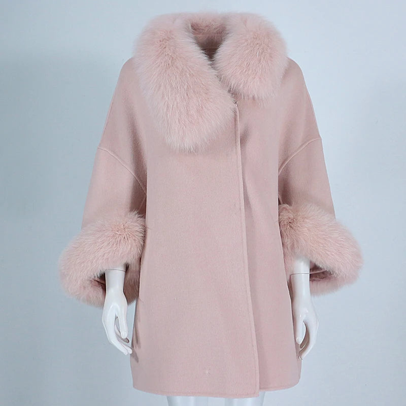 OFTBUY 2021 Women's Winter Jacket Natural Fox Fur Collar Cuffs Three-Quarter Sleeves Long Loose Woolen Coat Cashmere Blends New