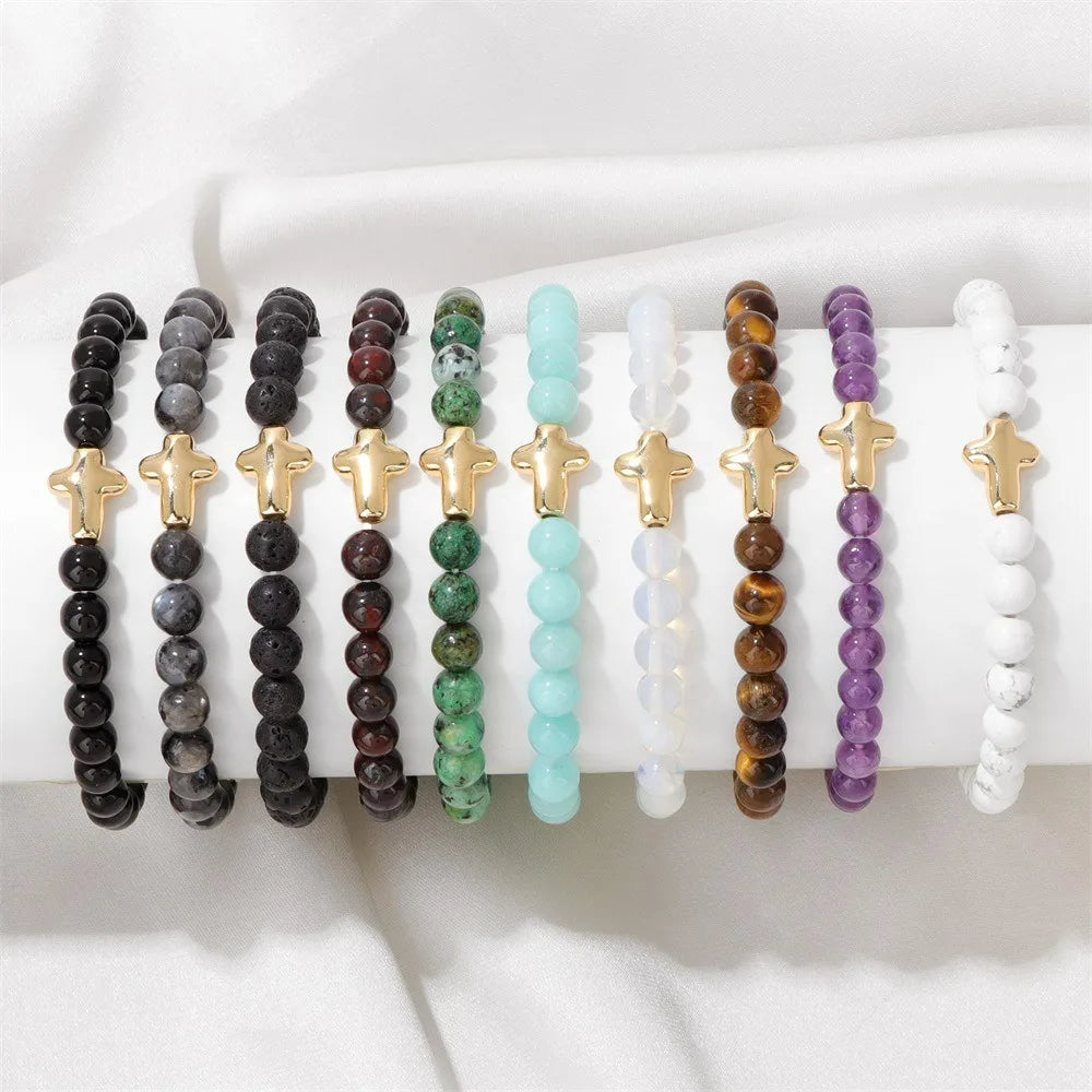 6mm Simple New Design Turquoise Amethyst Natural Quartz Crystal Stone Bead Gold Cross Charm Bracelet