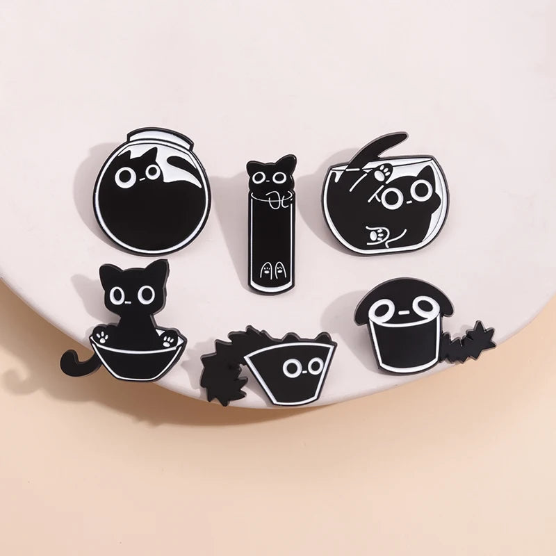 Custom Black Kitten Drinking Water Play Game Brooch Funny Cute Cartoon Animal Metal Soft Enamel Pins Lapel Badges