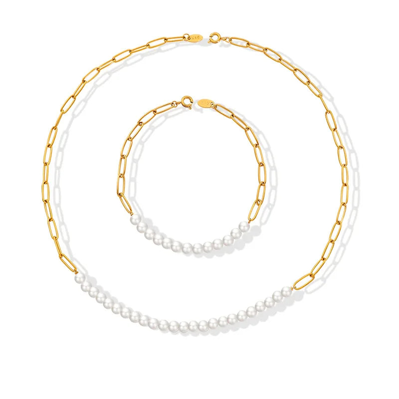 Stainless Steel 18K Gold Plated Splicing Imitation Pearl Necklace Bracelet Titanium Steel 5MM Pearl Link PaperclipChain Necklace