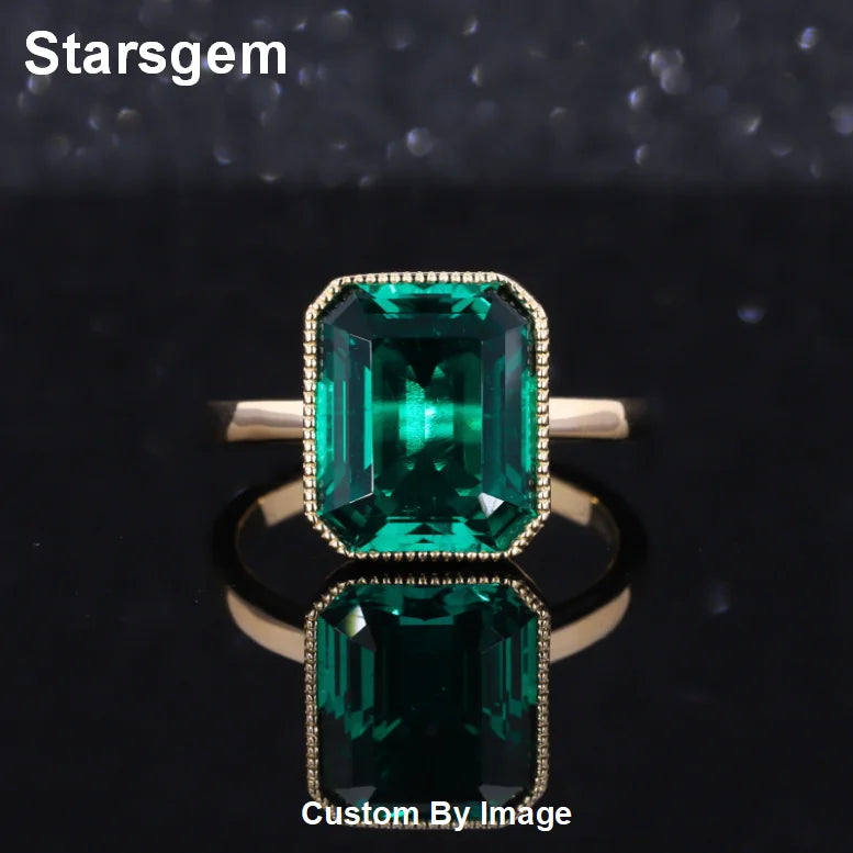 Starsgem 14K Solid Yellow Gold 9*11mm Rectangle Lab Grown Emerald Gemstone Emerald Ring