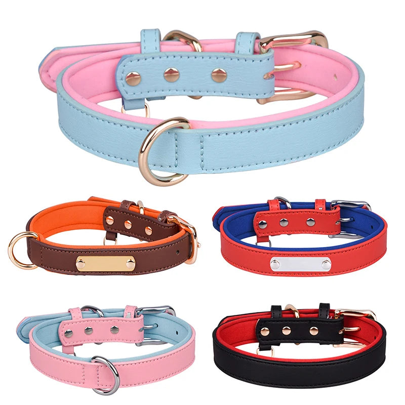 Custom Letter Personalized Solid Breathable Leather Dog Collar with Engrave Nameplate and D Ring