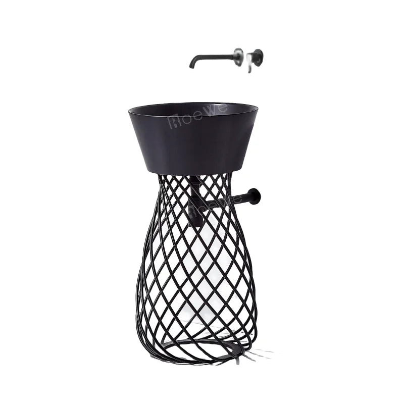 Bathroom Solid Surface Freestanding Pedestal Sink Black Resin Stone Floor Standing Wash Basin Composite Hand Washing Basins