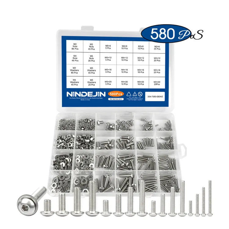 304 Stainless Steel M2 M3 M4 M5 Screw Set Round Hex Socket Allen Bolt Nut Washer with Plain Finish A2-70 Grade
