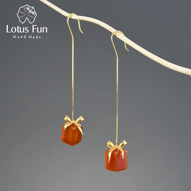 Lotus Fun Custom Pure 925 Sterling Silver 18k Gold Natural Red Agate Aventurine Stone Earring Gift Box Design Women Fine Jewelry