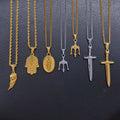 UK Hot Angel Wing Pendant 18k Gold Plated Greek Jewelry Sword Necklace Men Poseidon Necklace Stainless Steel Necklace Trident