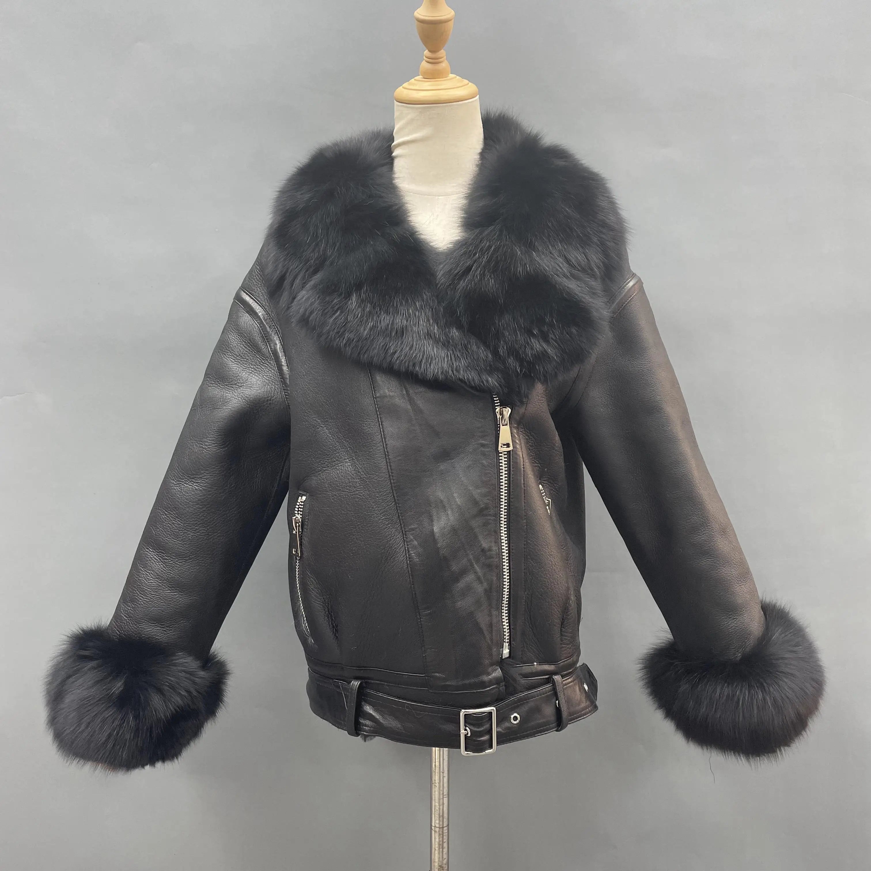 Luxury Real Fox Fur Coat Women Genuine Leather Jacket With Fur Plus Size Coat