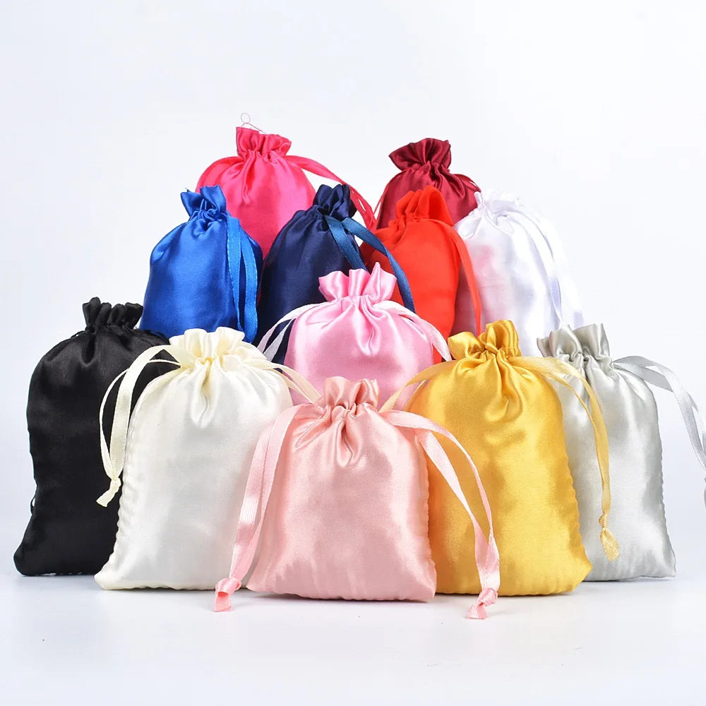 Custom Luxury Black Silk Satin Drawstring Bag Bundle Dust Hair Extension Bag With Logo Printing Satin Bag