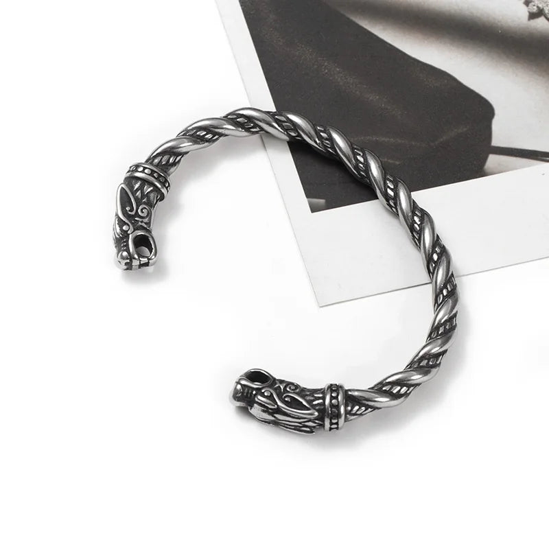 Trendy Double Dragon Stainless Steel Viking Wolf Head Rose Gold Plated Bracelet Unisex Battle-Themed Crow Norse Fashion Bangle