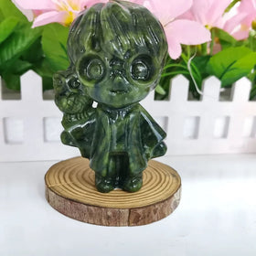 Serpentine Jade Figure Hand Carved Xiuyu Gemstone Character Crystals Carved Boy With Owl Decoration