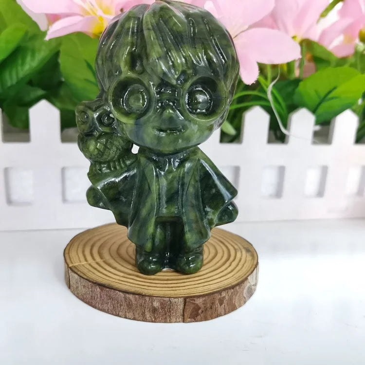 Serpentine Jade Figure Hand Carved Xiuyu Gemstone Character Crystals Carved Boy With Owl Decoration
