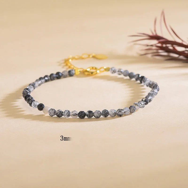 Zooying  3mm 4mm Round Faced Natural Crystal Black Quartz Rutilated Stone Beads Bracelet for Women