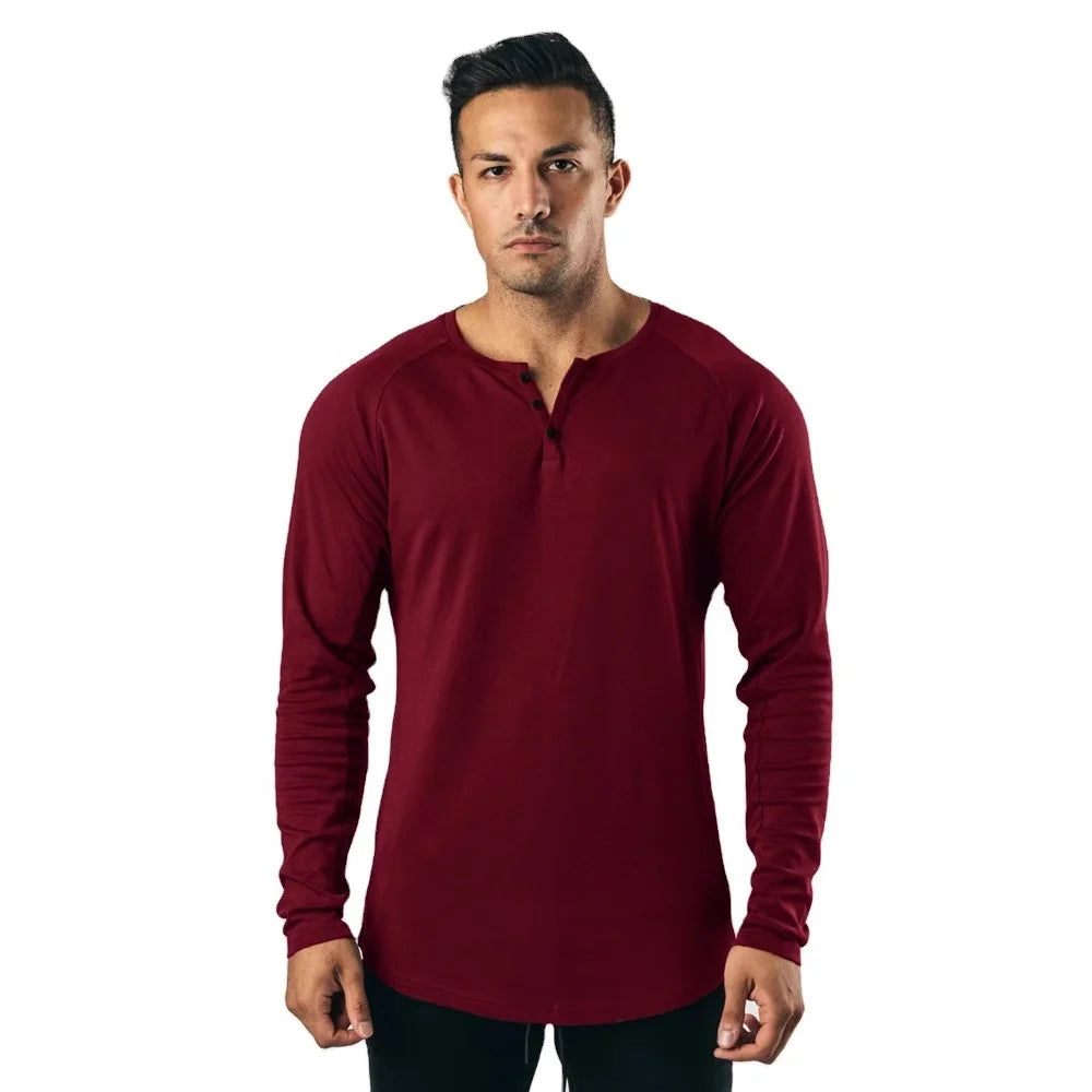 European American Autumn Trendy Long-Sleeved Men's T-Shirt Fitness Muscle Bodybuilding Jersey Solid Casual Sports T-Shirt