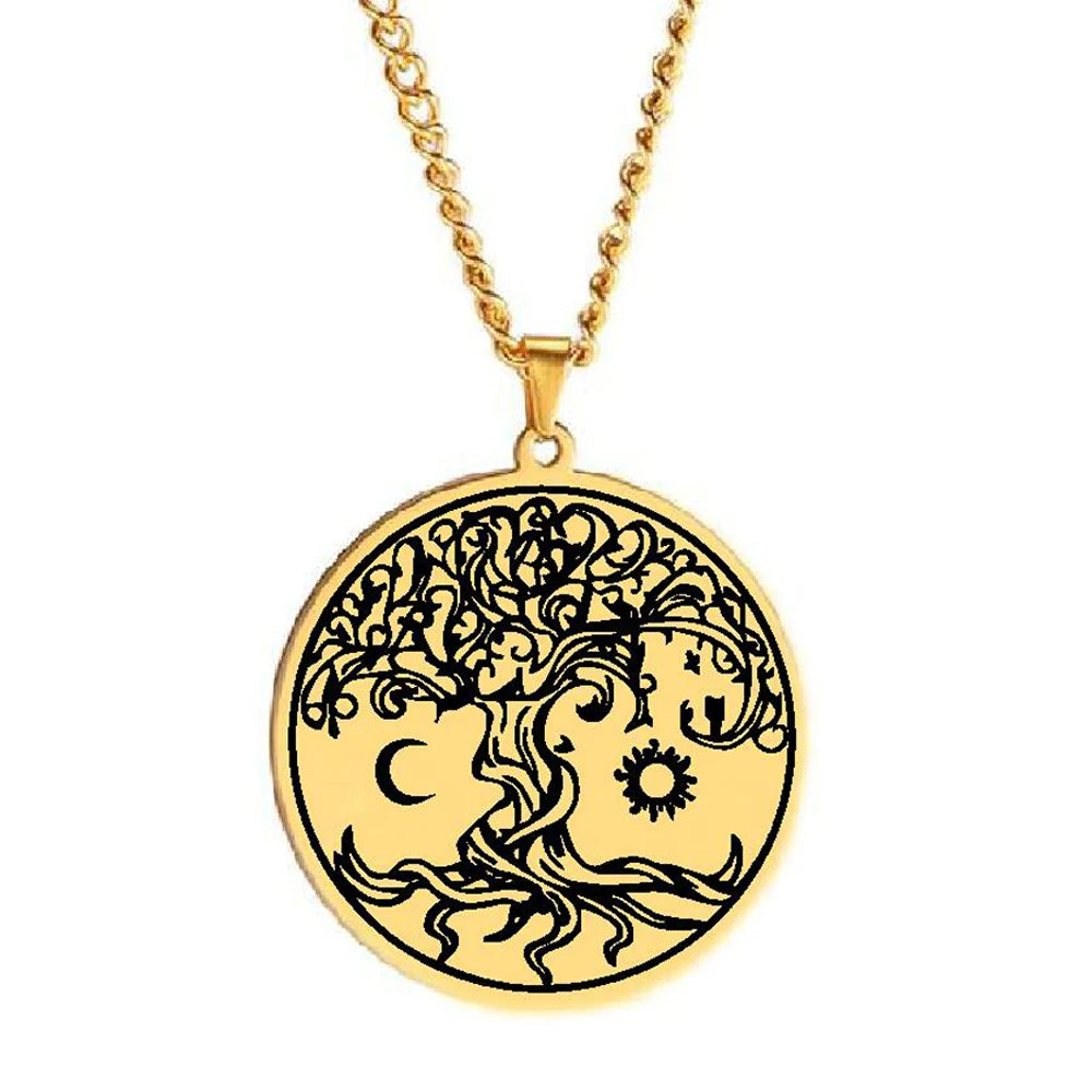 HLSS503 Tree of Life Mystical Sacred Folklore Yin Yang Sun and Moon Amulet Talisman Laser Cut Stainless Steel Pendant Necklace
