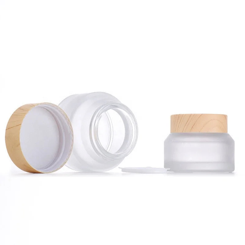 clear Frosted Color Cosmetic 5ml 15ml 30ml 50ml 100ml clear Frosted Glass Jar with Bamboo Wood Lid
