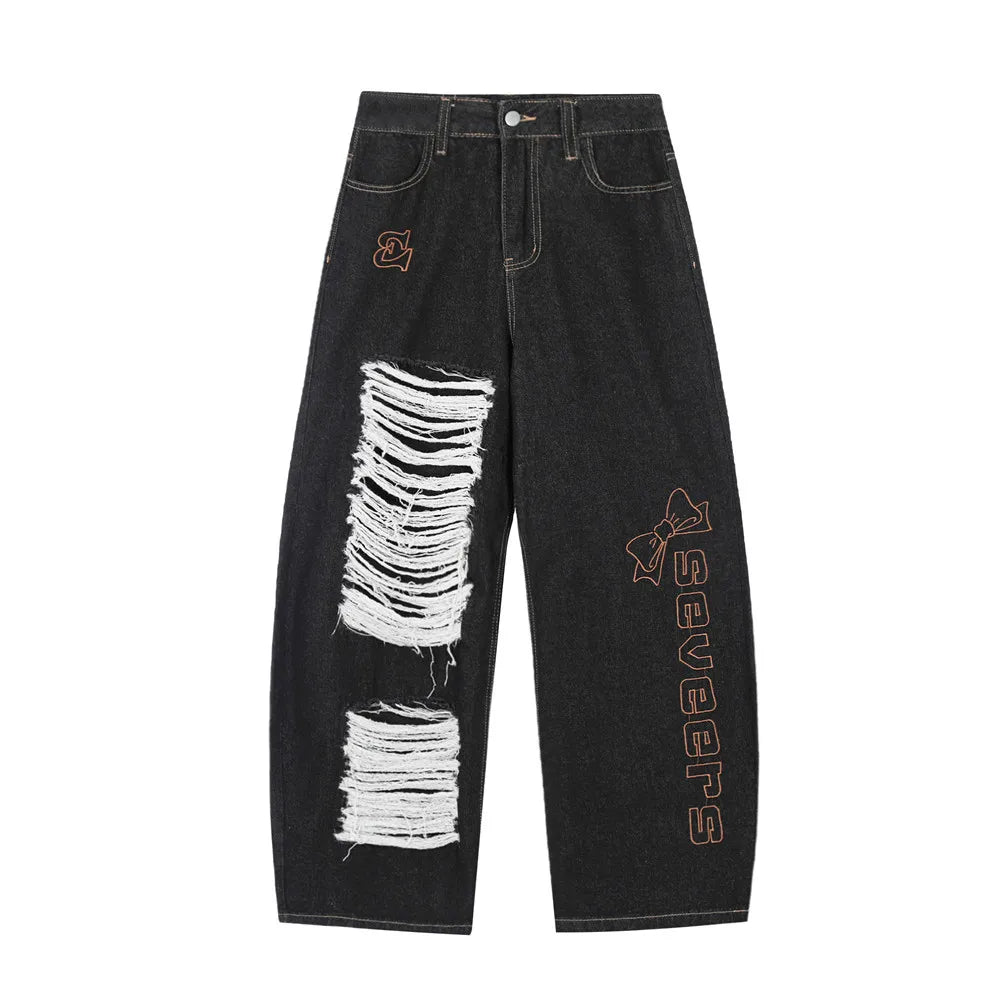 Alphabet Embroidery Silhouette Men's Fashion Designer Regular Street Hip Hop Ripped Curved Knife Straight Print 100% Cotton High