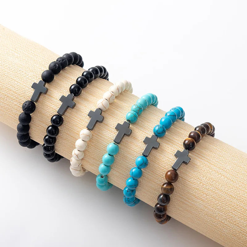 Popular Multicolor Natural Stone Beaded Bracelet Vintage Turquoise Bracelet Cross Bracelet Gifts for Women Men