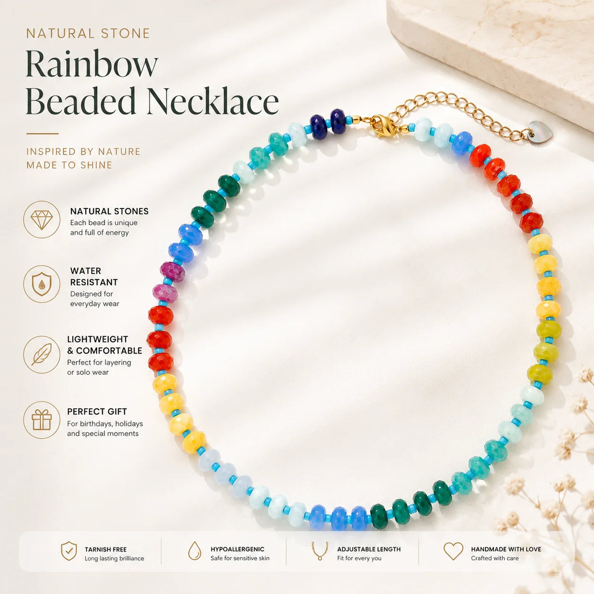 Summer Boho Colorful Natural Stone Beaded Necklace Handmade Rainbow Gemstone Choker Geometric Flat Bead Fashion Jewelry MegaBDM