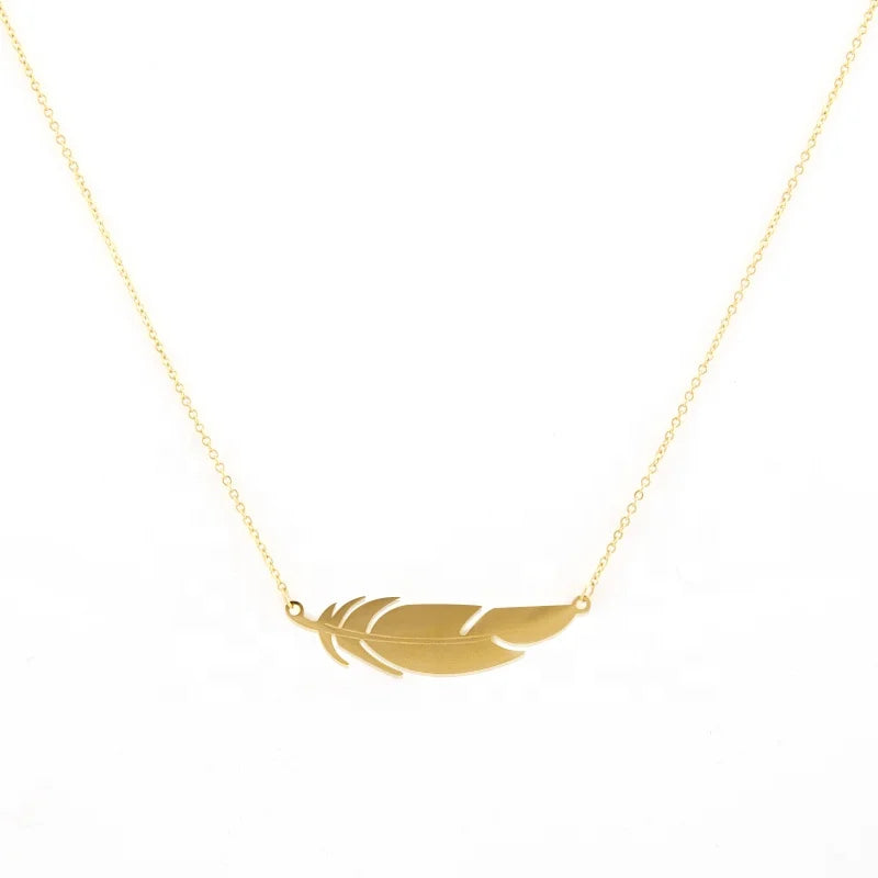 Unique Design Gold Plating Stainless Steel Flat Feather Pendant Clavicle Chain Necklace