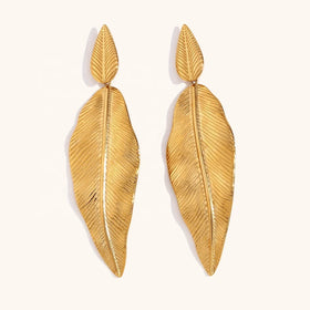 Dingran New Design Patchwork Feather Leaf Drop Earrings 18K Gold Stainless Steel Tarnish Free Women Jewelry