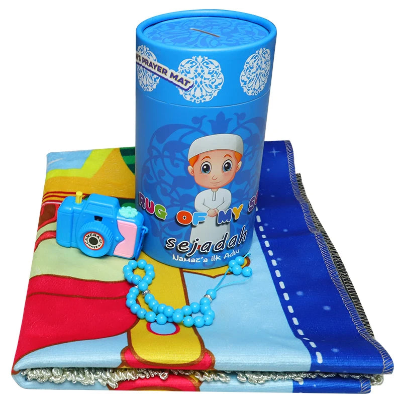 Children Prayer Mat Muslim Prayer Rug Set for Kids Folding Mat with Islamic Prayer Beads and Camera