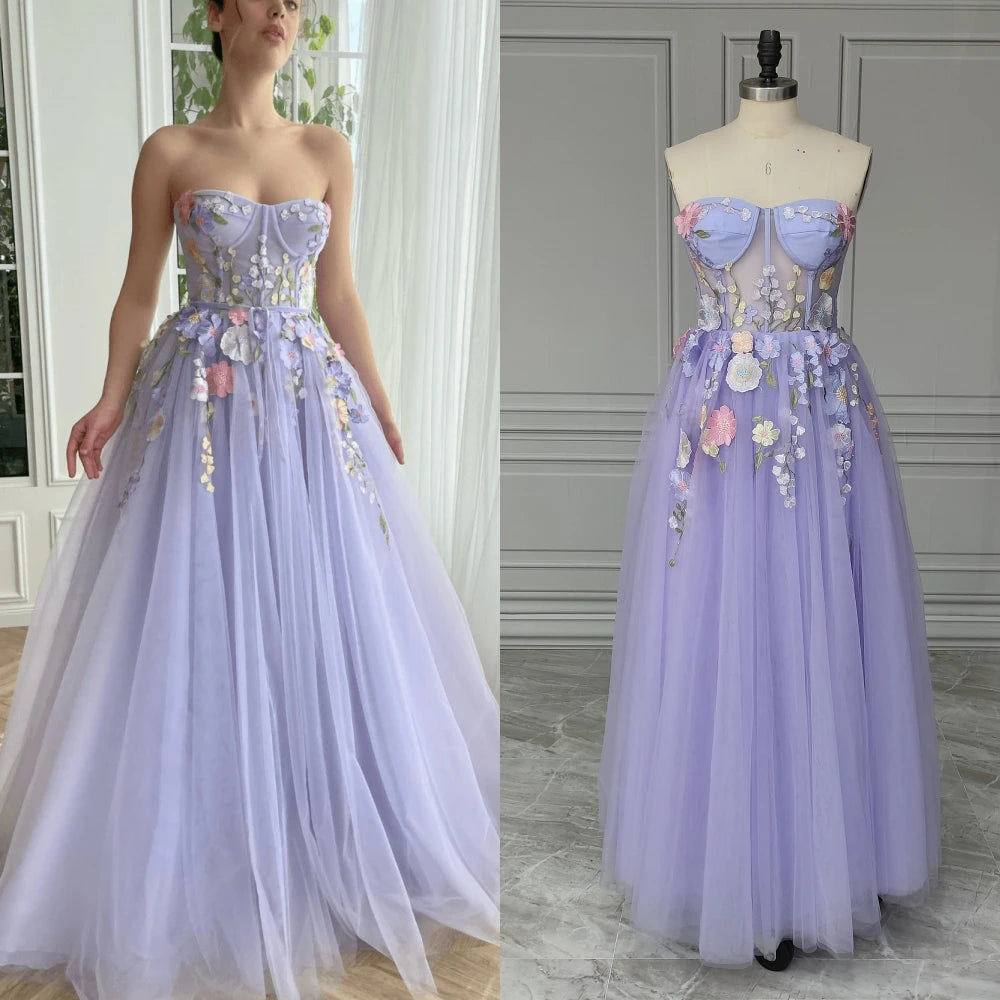 14766# Real Photos Strapless Embroidered Flower Lace A-line Evening Party Dress Prom Wedding Gown With Pockets for Women