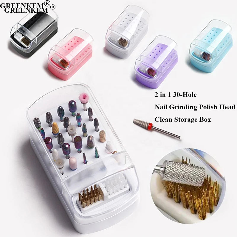 2 in 1 New Manicure 30-Hole Nail Grinding Polish Head Clean Storage Box Clean Dust Nail Drill Bits Display Box