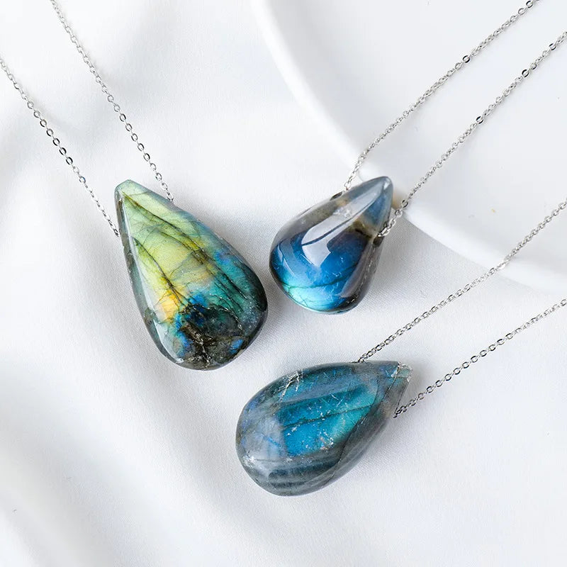 Black Labradorite Crystal Pendant Purple Full Flash Labradorite Freeform Necklace Water Drop Pendant Labradorite Jewelry