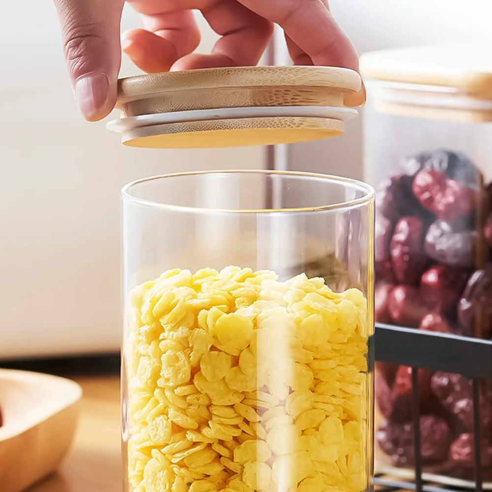 Kitchen Storage High Borosilicate Glass Canister Airtight Round Bottle 200Ml-1300Ml Spices Storage Bamboo Lids