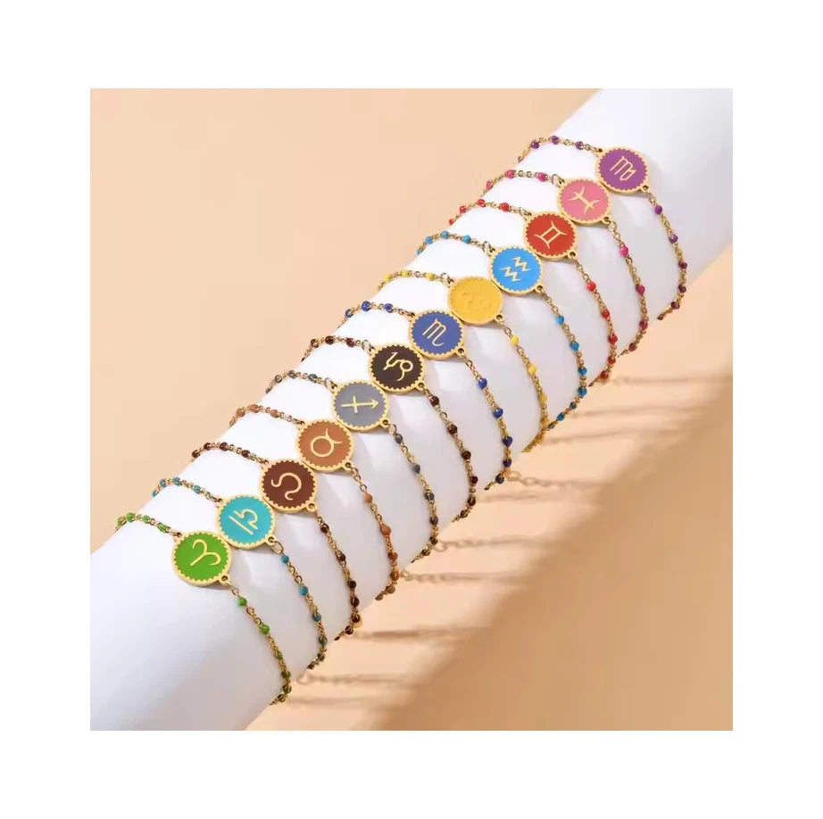 Colorful Astrology Charm Sign Zodiac Bracelet Gold Plated Stainless Steel Chain Round Shaped Horoscope Bracelet Bangle
