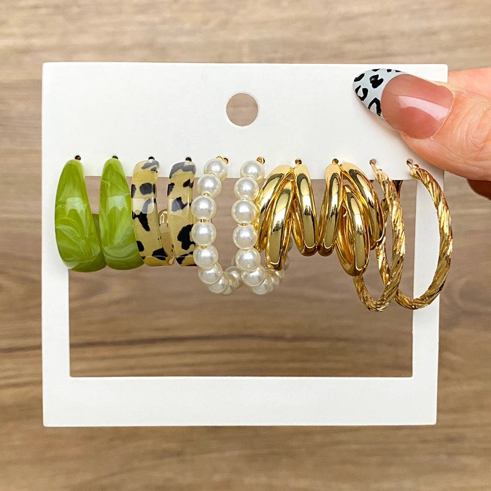 New Design Gold Metal Pearl Big Circle Hoop Earrings Set Fashion Resin Geometric Pearl Circle Drop Earrings