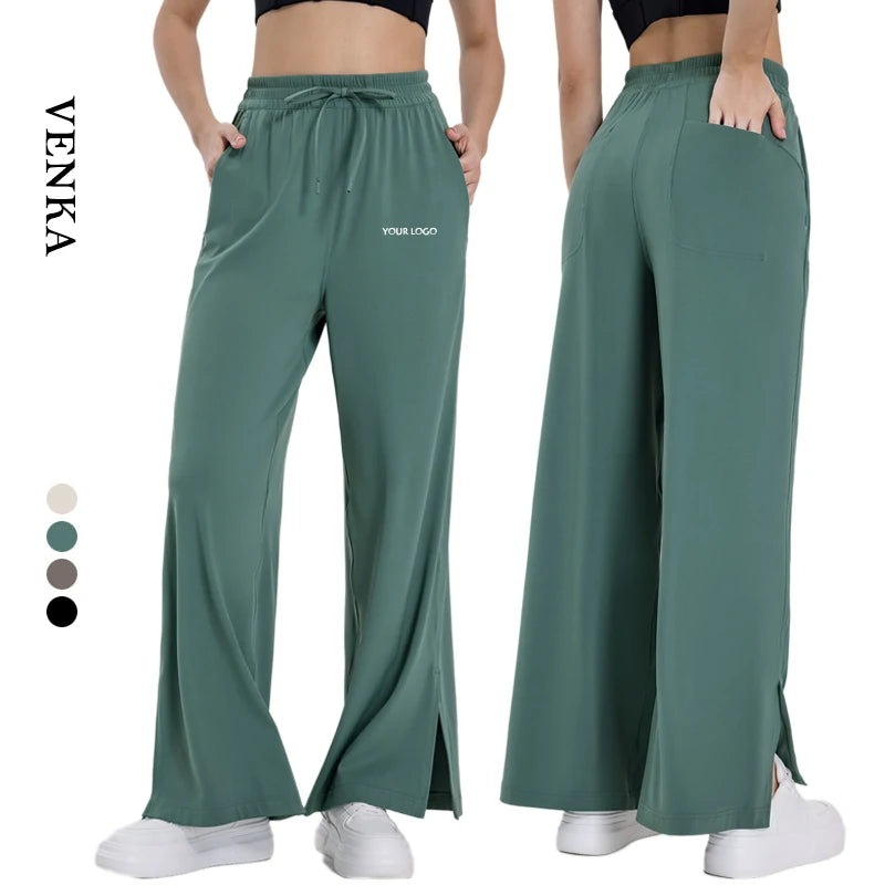 Female Loose Straight Tube Sweatpants With Pockets Lounge Pants Elastic Waist Drawstring Wide Leg Ladies Workout Yoga Pants