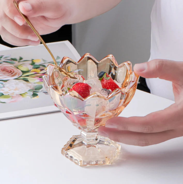 2025 Hot Sale Machine Made Dishwasher Safe Lotus Design Amber Iridescent Pedestal Ice Cream Dessert Bowls Daily Use Glass Bowl
