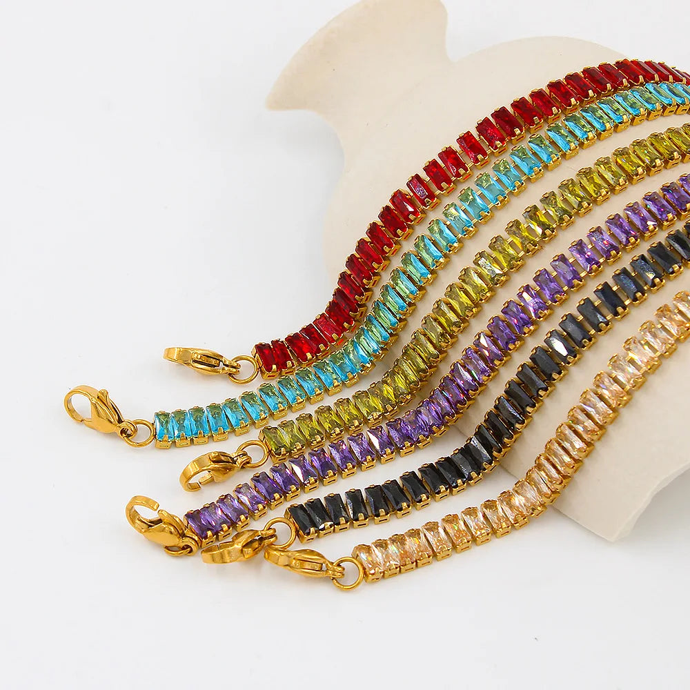 Luxury Colorful Diamond Zircon Square Tennis Necklace Bracelet Set 18k Gold Plated Stainless Steel CZ Jewelry Set Women