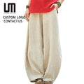 Liu Ming Vintage Fashion Elegant Women Cotton Linen Bloomers Wide Leg Pants Plus Size Full Length Elastic Waist Trousers
