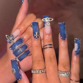 Wholesale Custom Press on Nails Ballerina Blue Long Scrub Denim Crucifix Coffin French Tip Nails Manicure Abs Stick on Nails