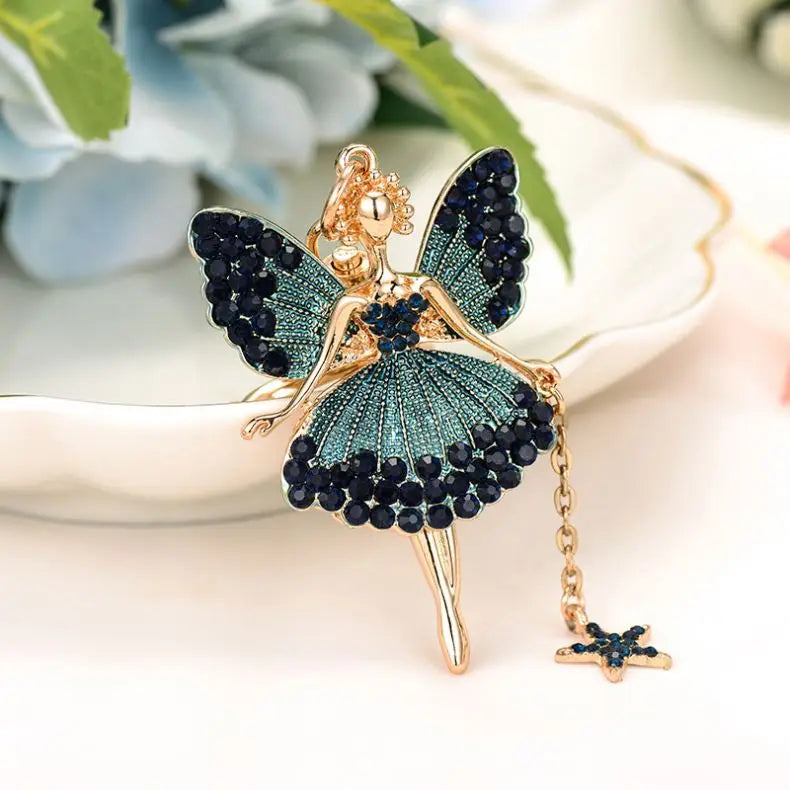 Fashion Rhinestone Butterfly Wing Fairy Angel Keychain Dancing Ballet Sparkling Crystal Keyring Pendant Metal Key Chain Decorate