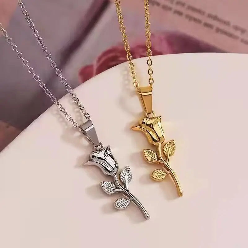 Boho Women Jewelry Accessories Flower Necklace China Factory 316l Stainless Steel Waterproof PVD Gold Rose Flower Necklace