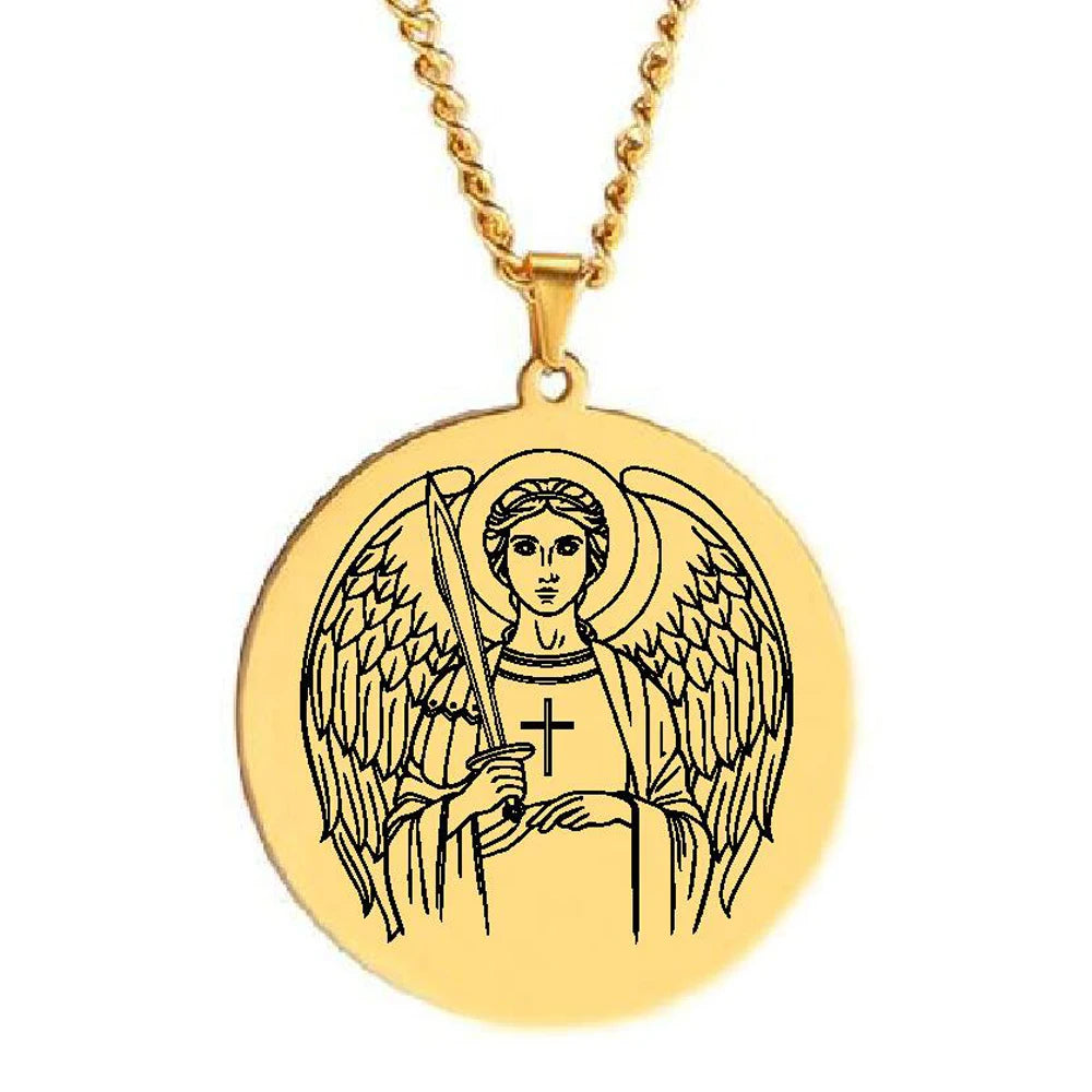 HLSS443 Angel Michael the Archangel with Sword Titanium Steel Jewelry Amulet Talisman Laser Cut Stainless Steel Pendant Necklace