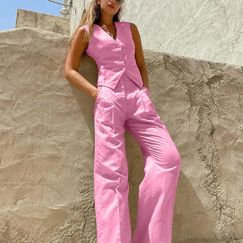 Elegant Women's Two Piece Set V-Neck Vest Top and High Waist Pants in Cotton Linen Short Sleeveless Shirt with Solid Pattern
